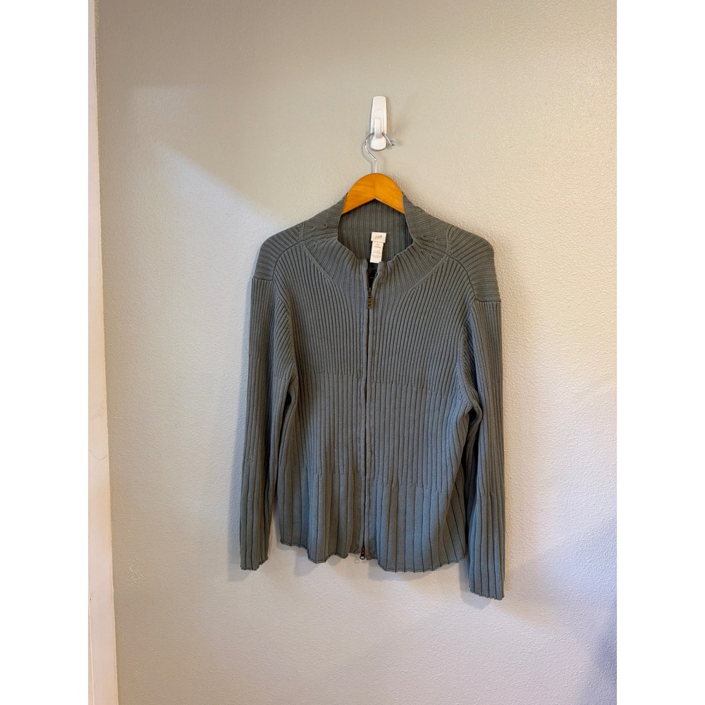 J.Jill Full Zip Cardigan Women 2X Sage Green Silk Cotton Ribbed Mock Sweater